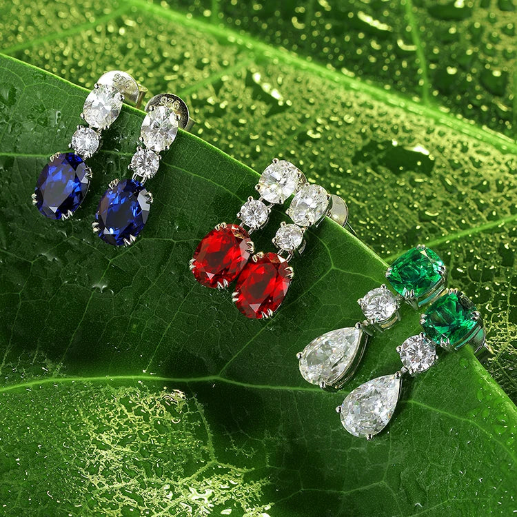BiG-BOSS S925 Silver Oval Cut Lab Grown Sapphire Blue Color Gemstone Drop Earrings for Women