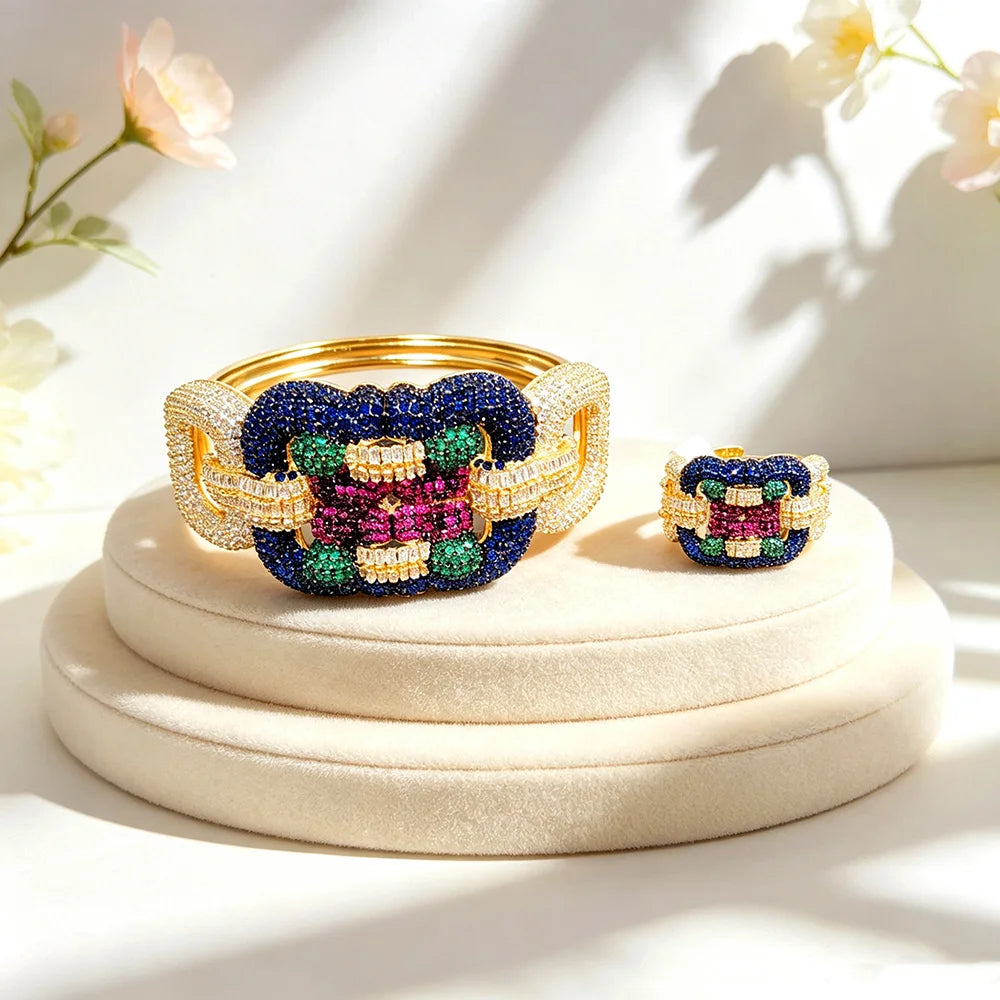 H262A Luxury 3 Rows 2PCS Zircon Bracelet Ring Earring Set Women Wedding Zircon African/Indian/Dubai Bridal Jewelry Set