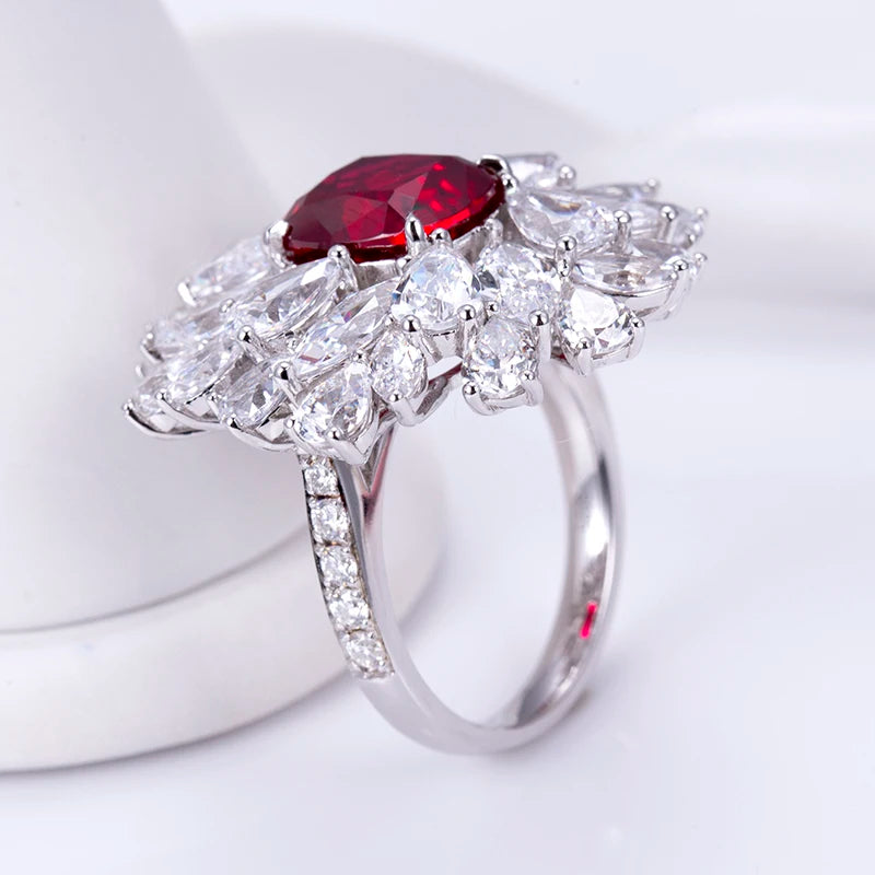 Messi Jewelry MSR-956 S925 Lab Ruby Cushion Cut Ring Flower Design Engagement Ring Wedding Band Classic Gift