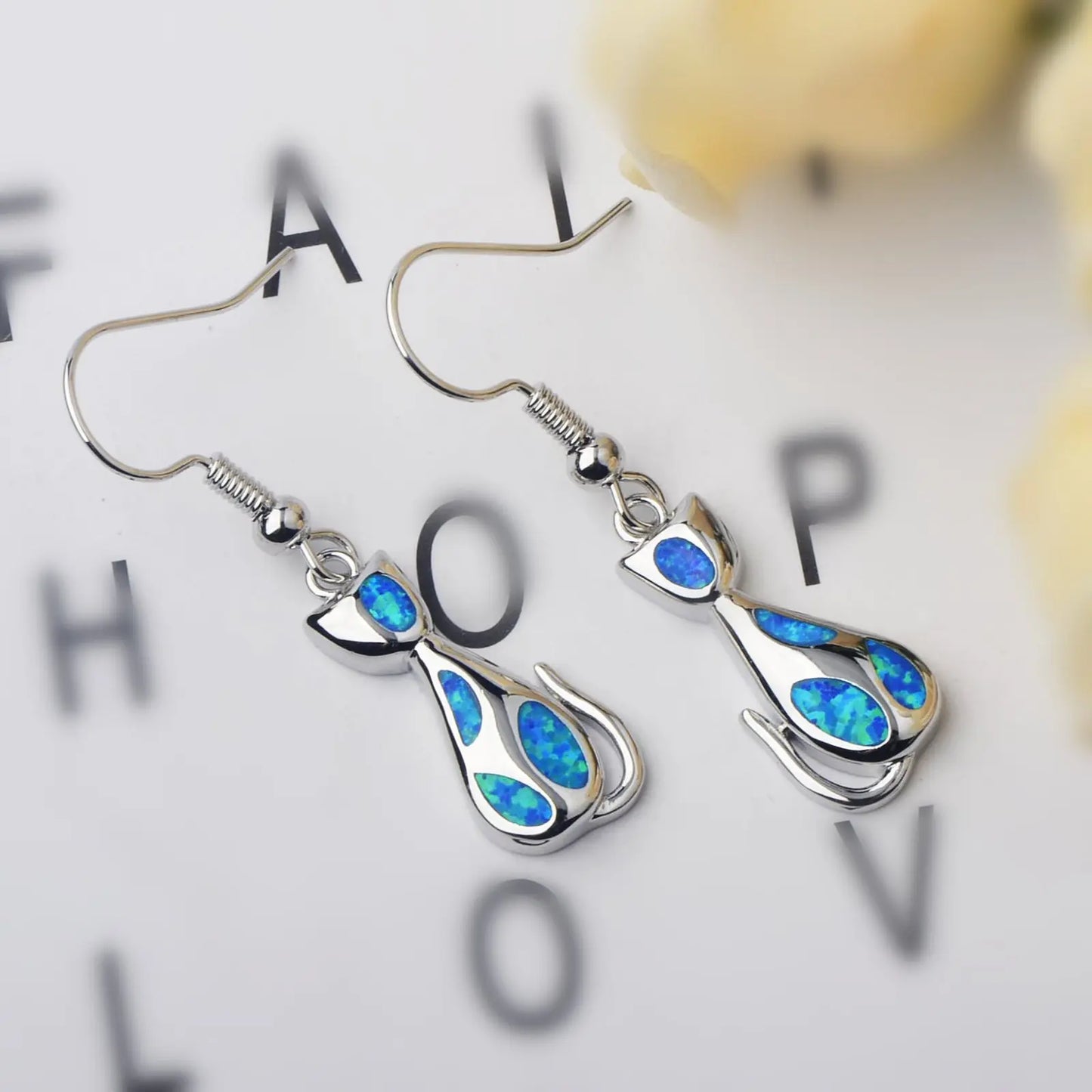 Aobao Brass Opal Kitten Stud Earrings Silver Plated Handmade Women's Jewelry for Anniversary Wholesale