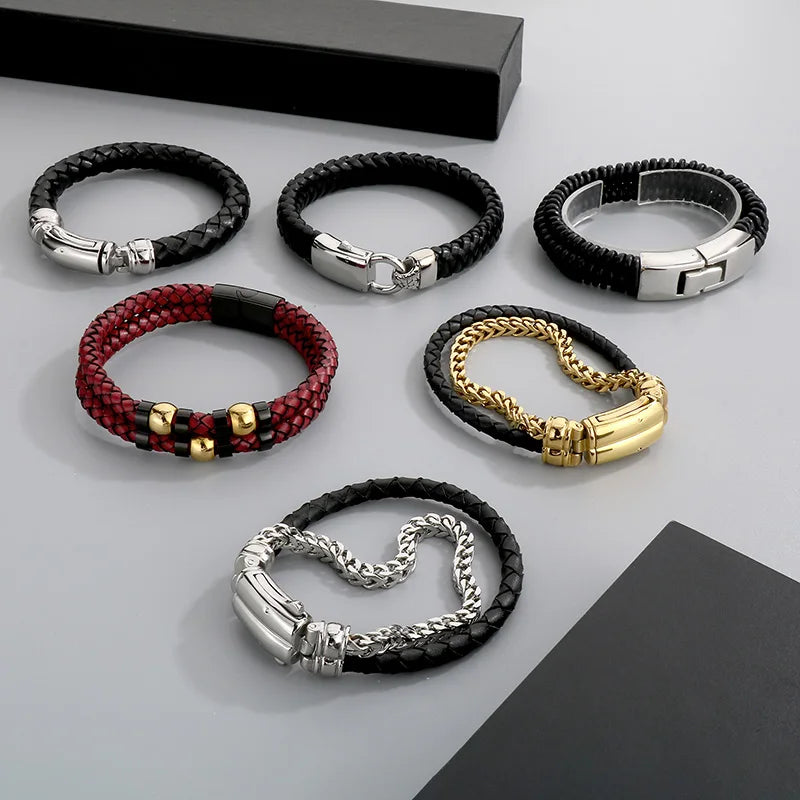 KALEN Trendy Braided Black Cowhide Leather and  Stainless Steel Bracelet Men Double Chain
