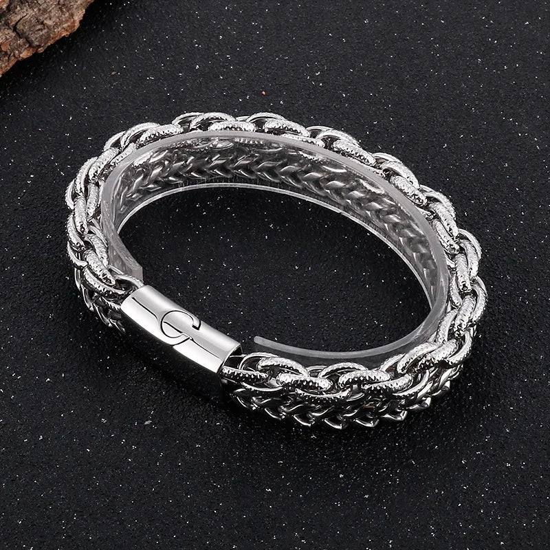 VIKING Mens Vintage Double Chain Stainless Steel Bracelet – Silver