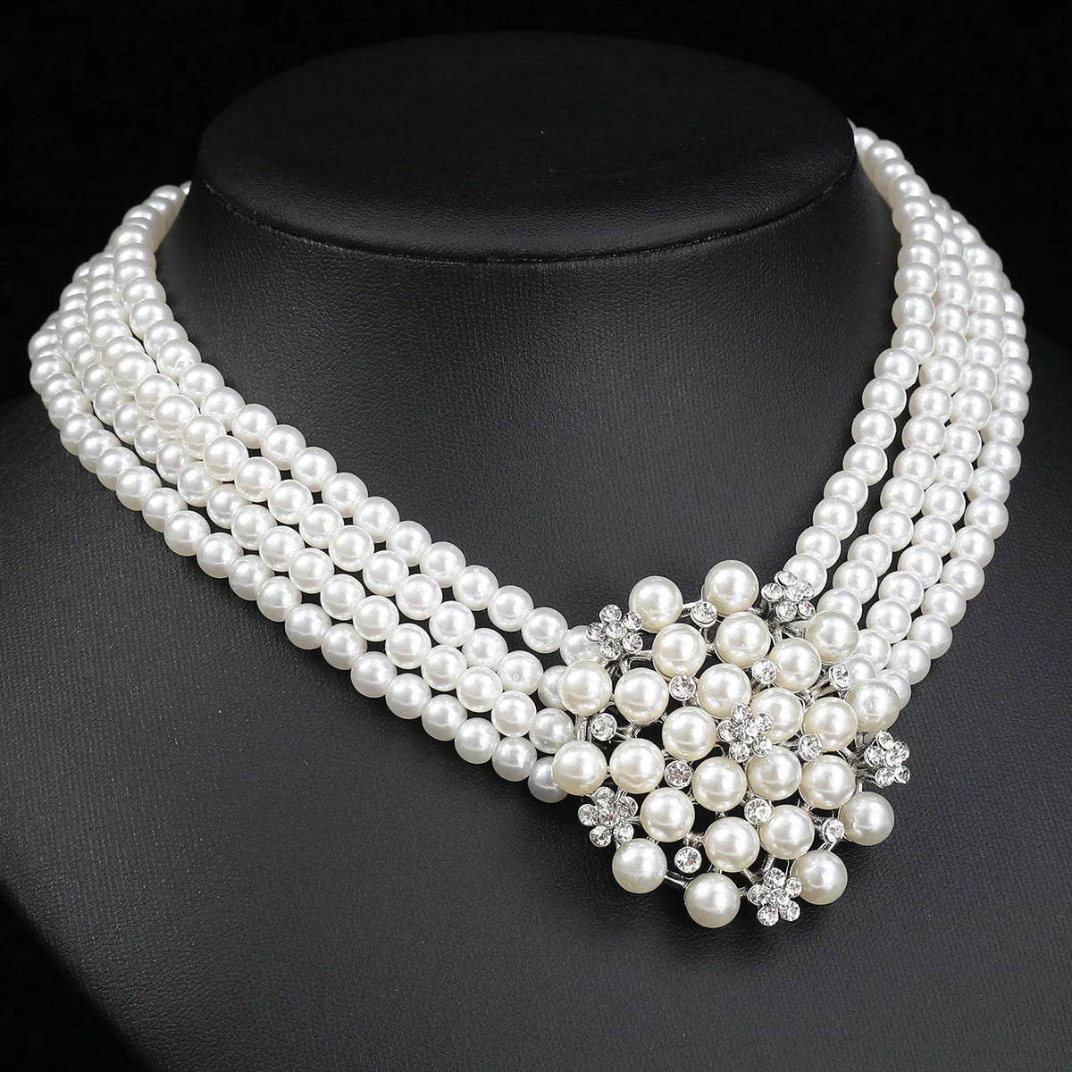 Multi-Row Pearl & Crystal Flower Necklace & Earrings Jewellery Set | Bridal Wedding Fashion Set
