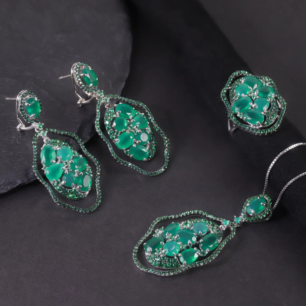 S&S Green Agate & Emerald Nano Fine Jewellery Set | 925 Silver Rhodium Plated | Oval Cut | S&S Collection