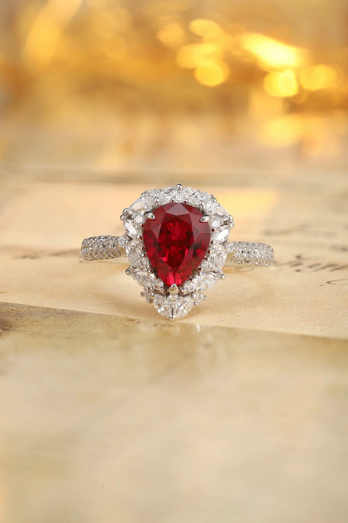 Gemfiori Retro Design Pear 2.4ct Lab Grown Ruby Sterling Silver 925 Engagement Ring Rhodium Plated Prong Setting Personalized Wedding