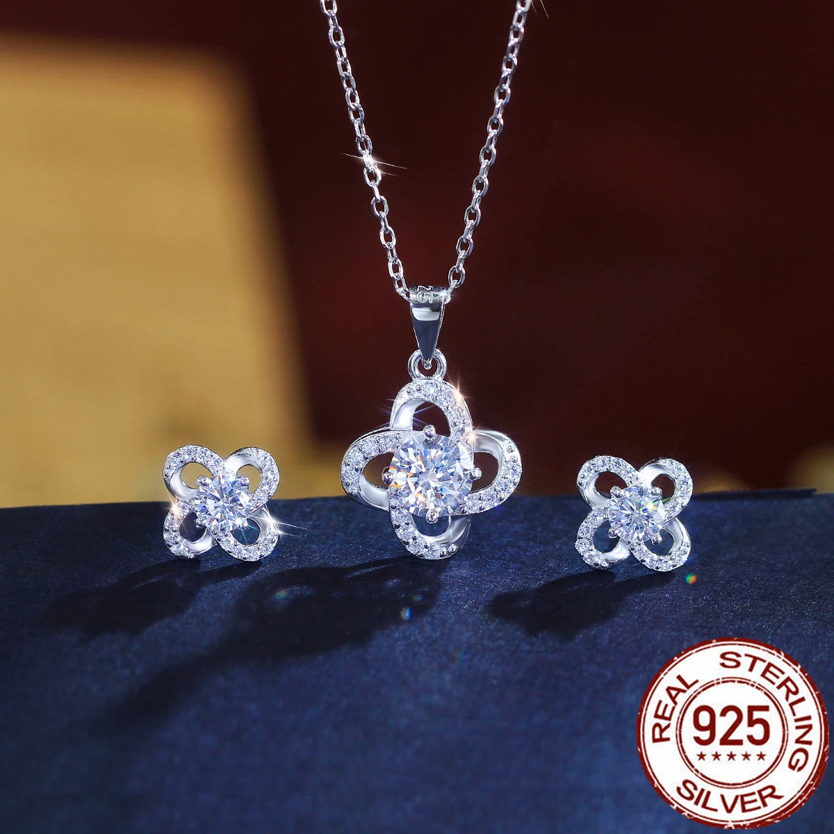 Stunning CZ Jewelry Set Round Zirconia Flower Stud Earrings Necklace Pendant 925 Sterling Silver Jewelry Set for Lady Daily Wear