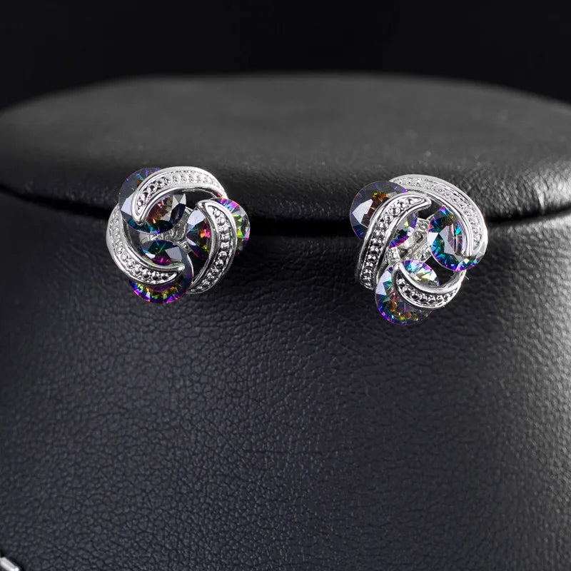 S&S Multi-Colour Fire Topaz CZ Pendant Necklace & Stud Earrings Set – White Gold Plated – Collection