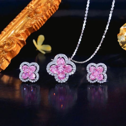 Real 925 Sterling Silver CZ Jewelry Set Pink Zircon Flower Dangle Pendant Stud Earrings Jewelry Set for Women Brides Daily Wear