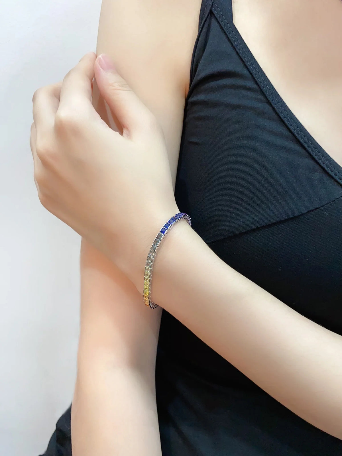 Gemfiori 925 Silver Rainbow Color Lab Grown Sapphire Tennis Bracelet 3.3mm Princess Shape Rainbow Gemstones 17/18/19cm Length Custom
