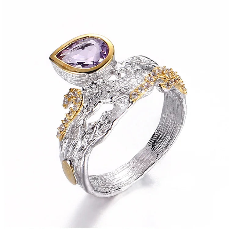 Retro Handmade Amethyst Natural Stone 925 Sterling Silver Ring
