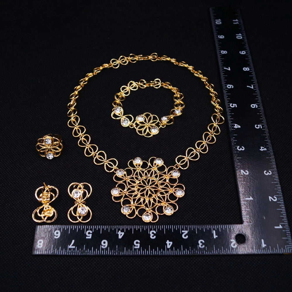 Zhuerrui Italian Gold Plated Jewelry Set Intricate Hollow Bead Cluster Necklace Earrings Bracelet Ring for Women Ceremony