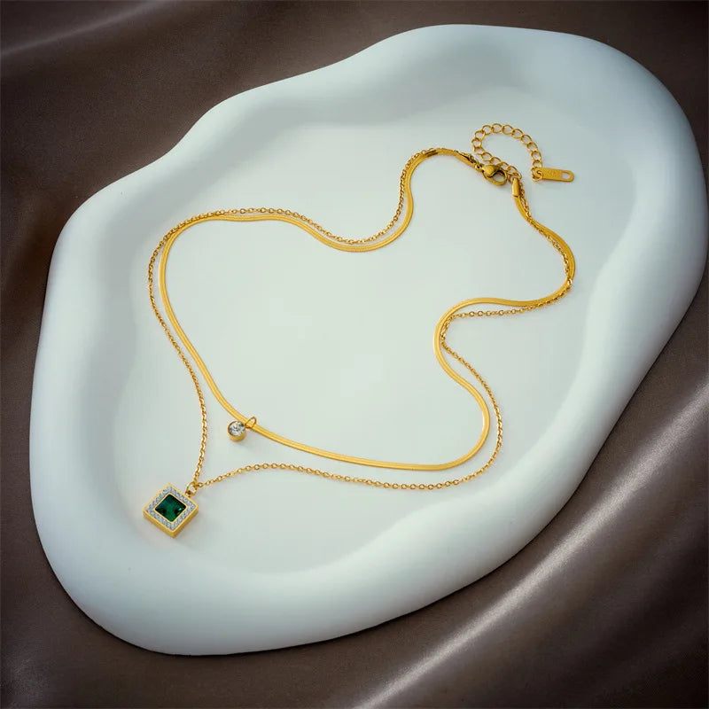 Gold Two-Layer Chain & Green Crystal Necklace & Bracelet Jewellery Set | Layered Luxury Set