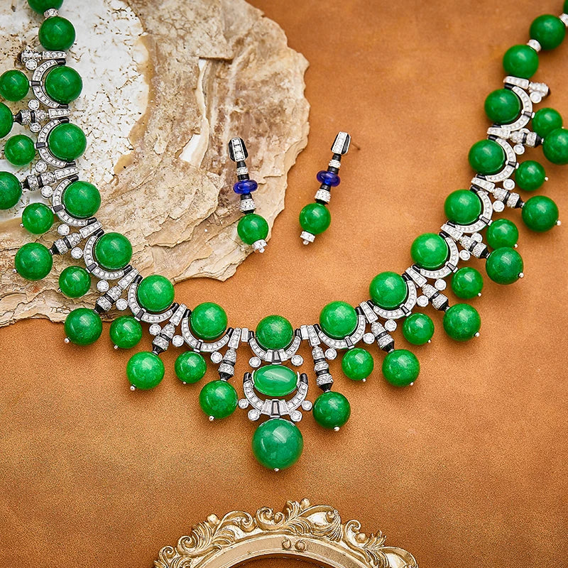 Oriental Retro Green Bead Brass Evening Dress Necklace Earrings Accessories Gorgeous Personalized Banquet Party Women's Set
