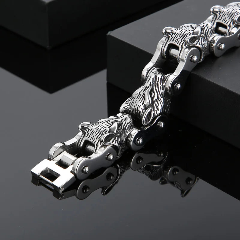 KALEN Punk Stainless Steel Fashion Bracelets Bangles Wolf Heads Bike Chain Bracelet for Men