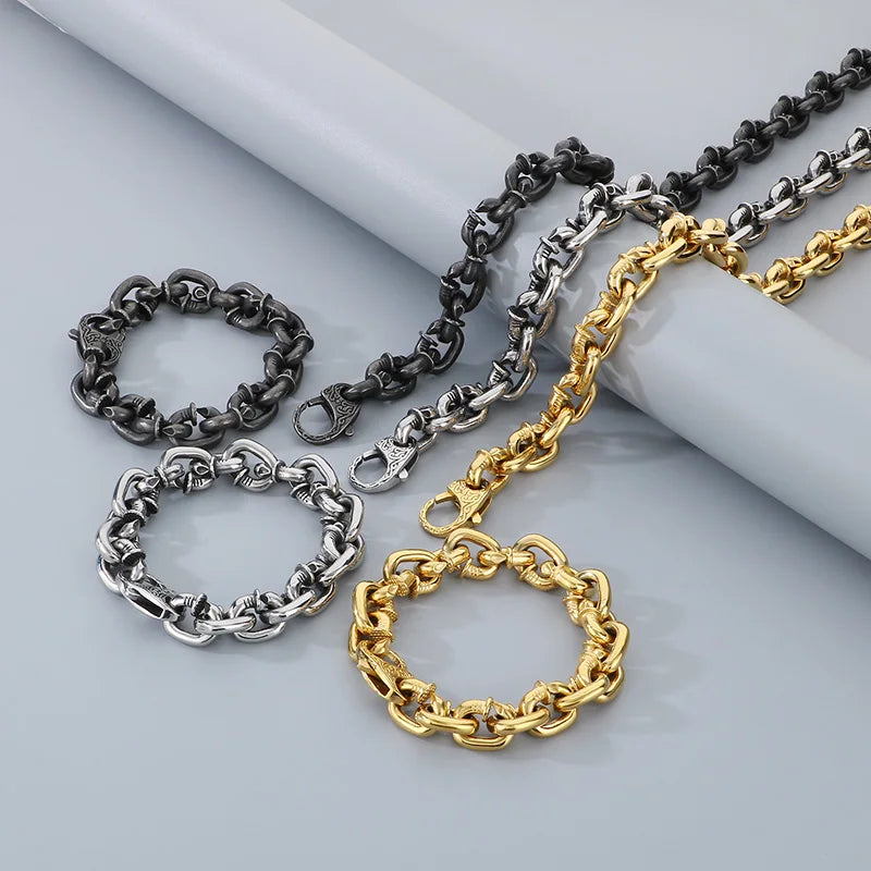 REBEL Unisex Stainless Steel Industrial Style Thick Nail Links Necklace&Bracelet Jewelry Set