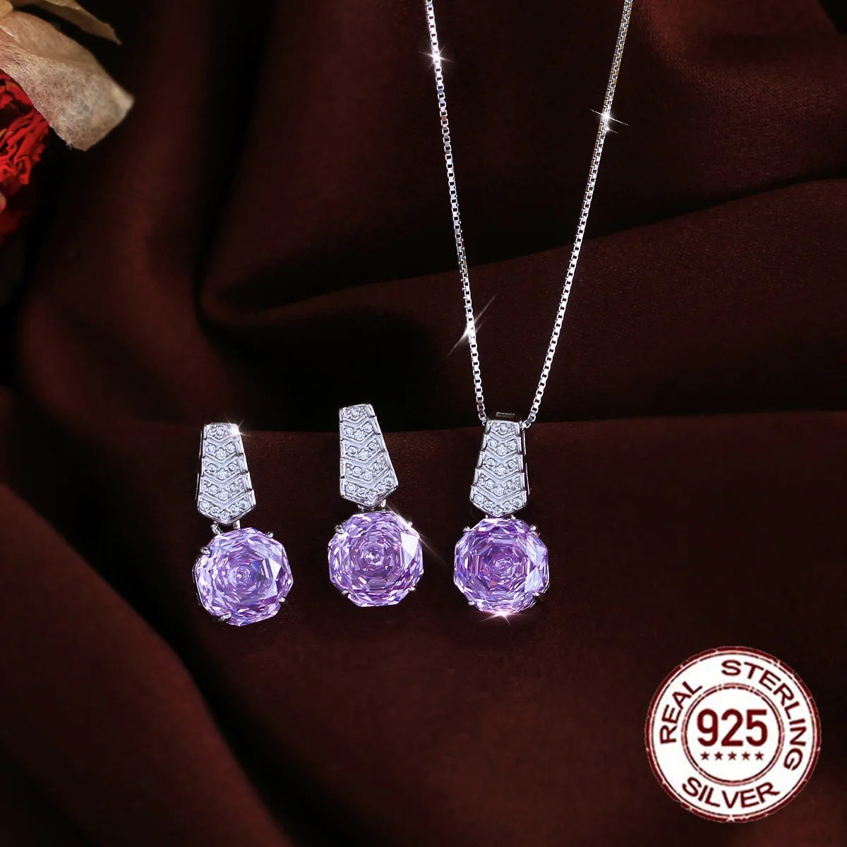 New Arrivals Sparkling High Carbon Rose CZ Flower Cut Cubic Zirconia Necklace and Earrings Purple Jewelry Set for Women