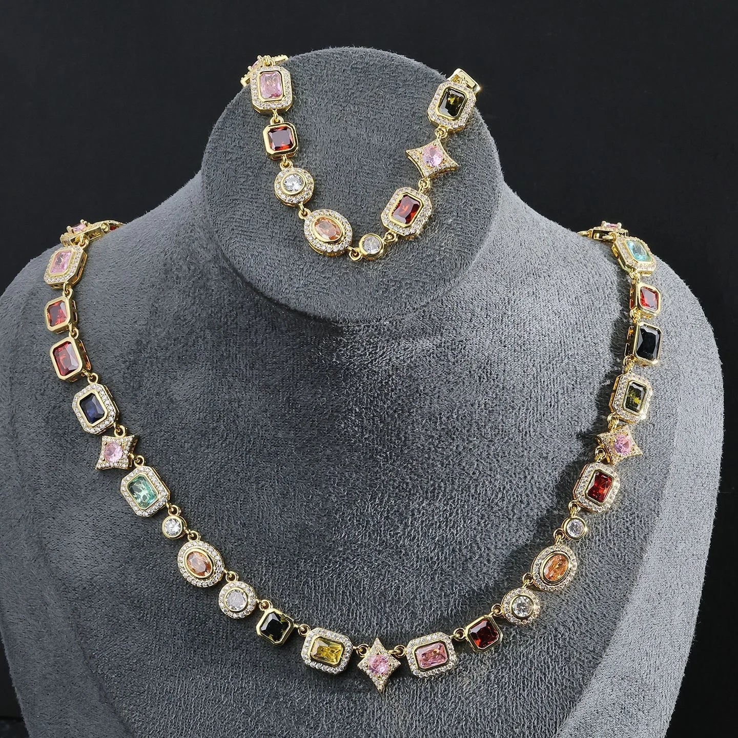 Luxury Multi-colored Zircon Gemstone Tennis Necklace Fashion Geometric Cubic Zirconia Hip-Hop Necklace