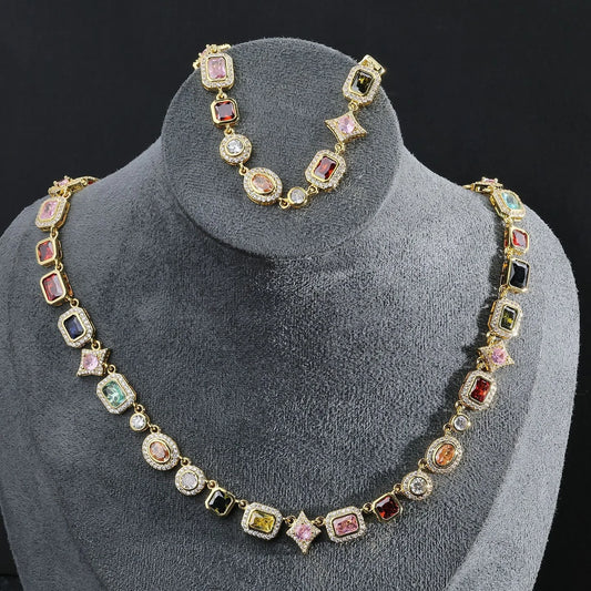 Luxury Multi-colored Zircon Gemstone Tennis Necklace Fashion Geometric Cubic Zirconia Hip-Hop Necklace