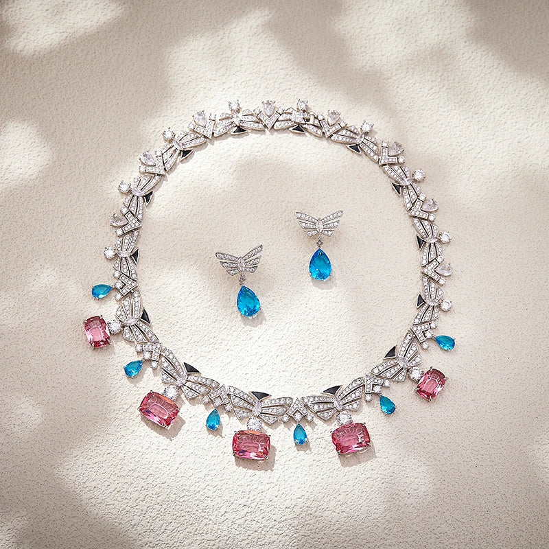 Brass butterfly Necklace and Earrings Set Skin-friendly and Luxurious Cubic Zirconia Enamel Women's Wedding Jewelry