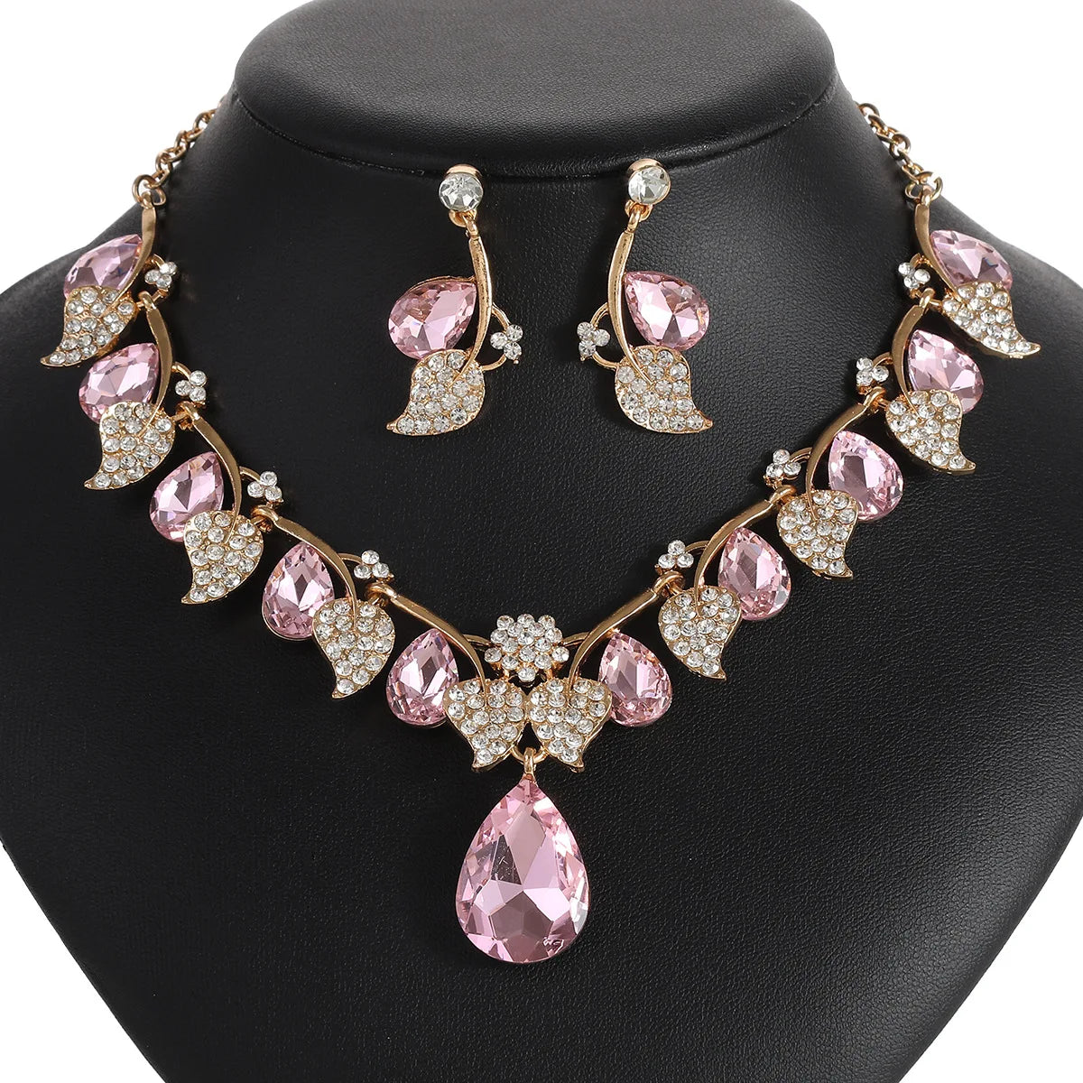 Leaf & Crystal Geometric Necklace & Earrings Jewellery Set | Retro Vintage Fashion Set