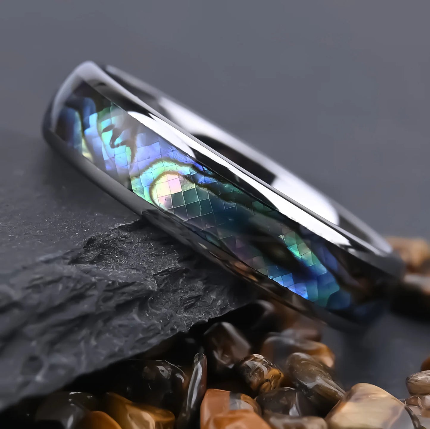 Tungsten Rings for Men 4 6 8 mm Stainless Steel Abalone Shell Eternity Bands Comfort Fit Size 5 to 15