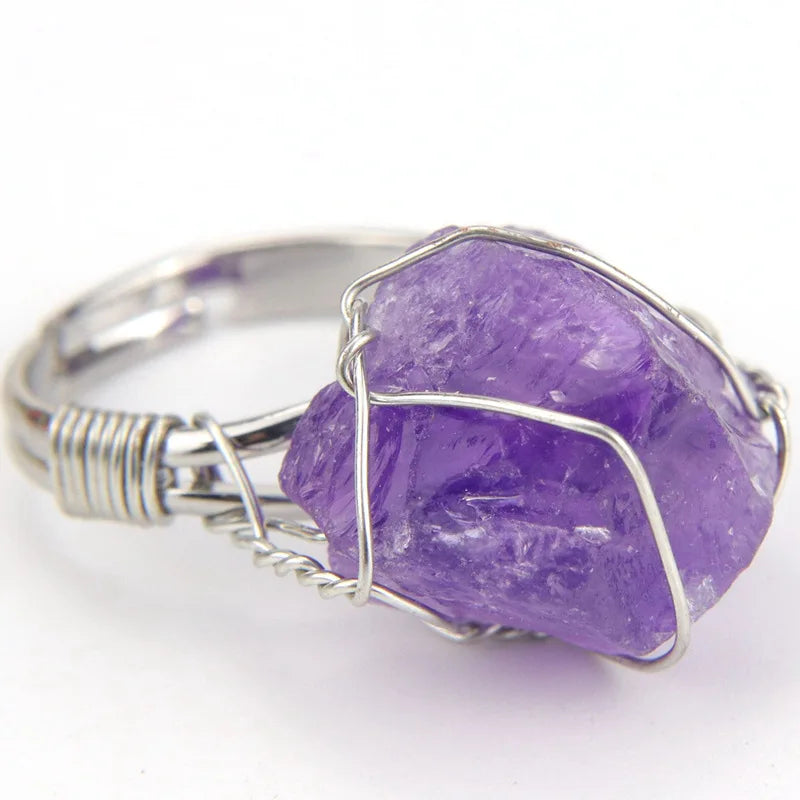 Men Women Large Stone Rings Wire Wrapped Crystal Resizable Gem Ring