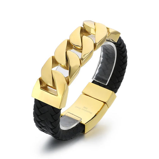 KALEN 240mm Punk Leather&Stainless Steel Cuban Links Bangle Bracelet