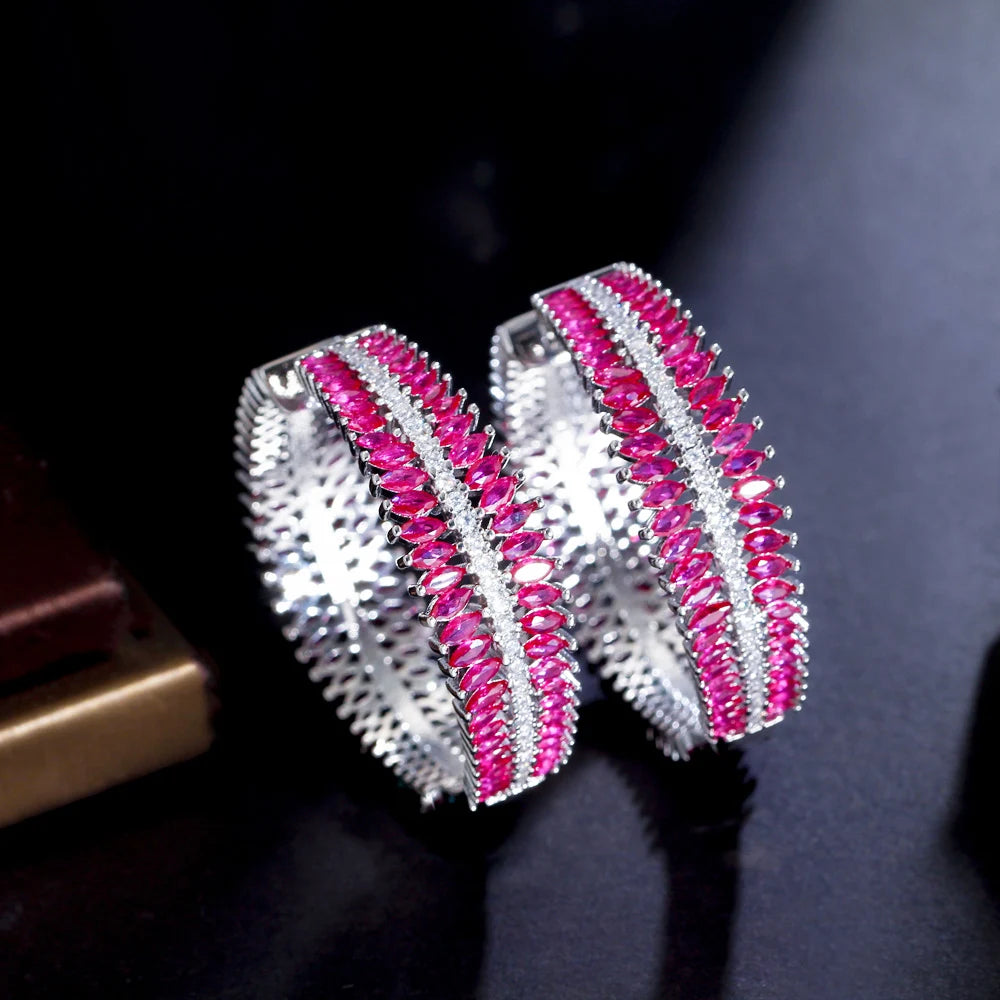 S&S Fuchsia Red Marquise CZ Two-Sided Chunky Hoop Earrings – Rhodium Silver Plated – Collection