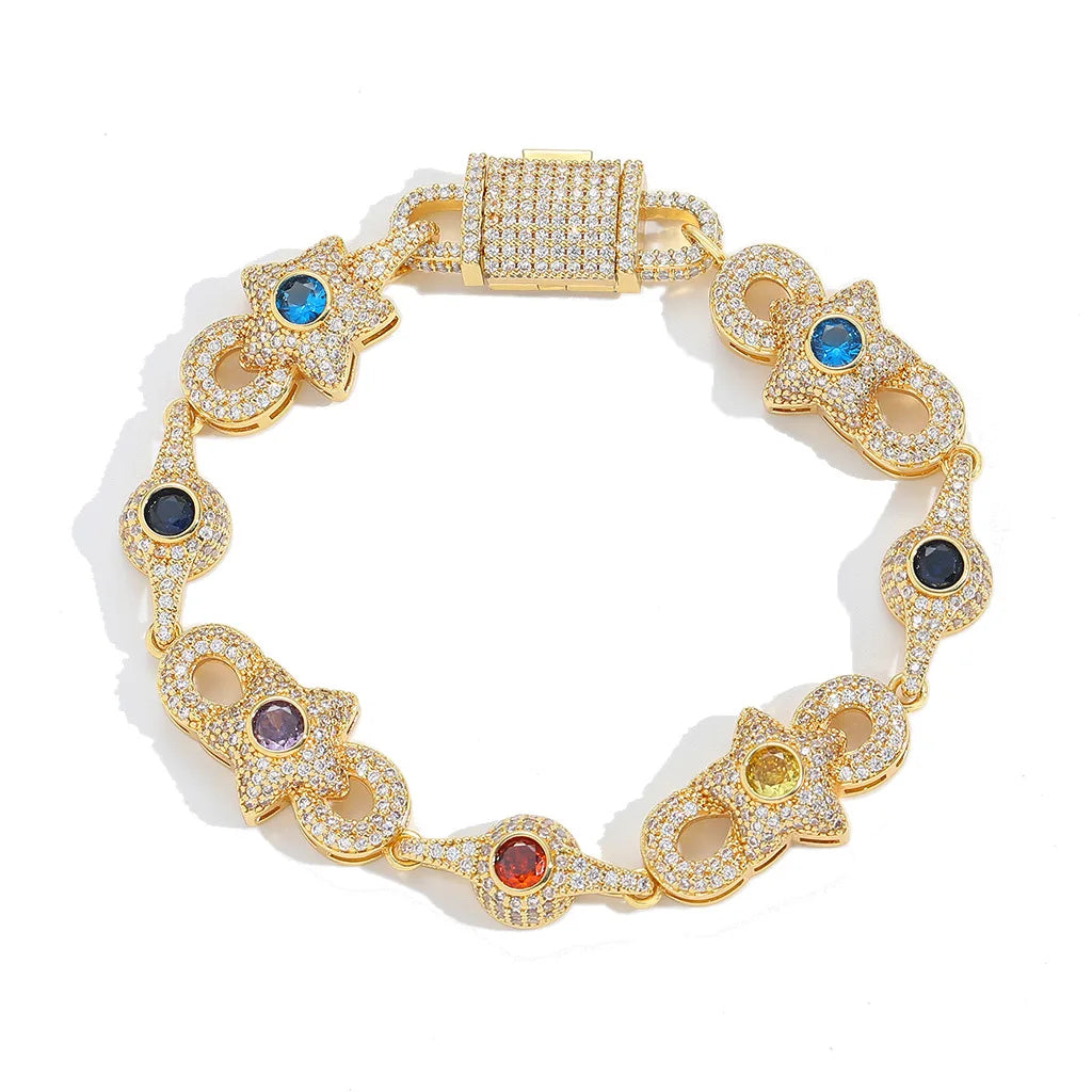 Iced Star Bracelet with Multicolor CZ Stones Brass Base Colorful Gemstone for Mens Rapper Style Jewelry Wholesale Factory Supply