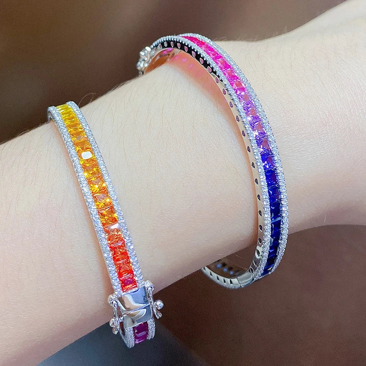 Gemfiori Luxury Silver Jewelry Princess Cut Rainbow Corundum Bracelets Silver 925 Sterling Women Bangle