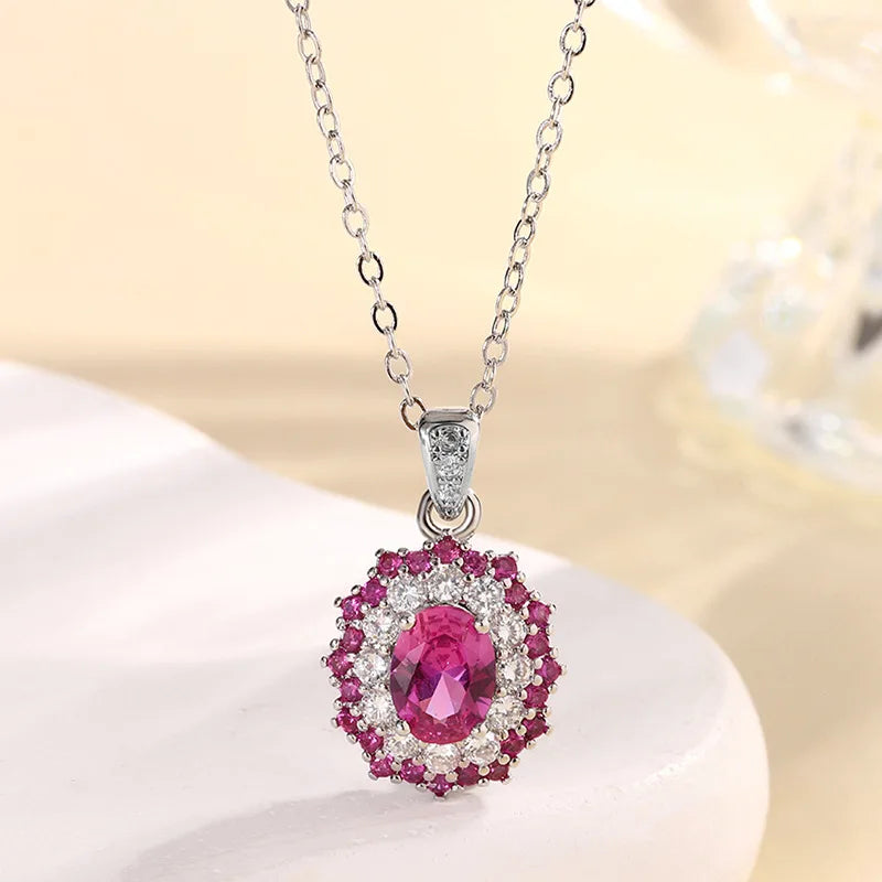 High End Eco-friendly Copper 6*8mm Red Zircon Oval Cut Romantic Bridal Jewelry Set Two Tone Wedding Ring Necklace Earrings Set