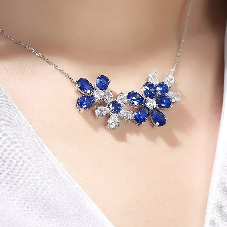 Gemfiori 925 Silver Jewelry Sterling Diamond Flowers Pendant Synthetic Sapphire Necklace for Her Birthday Gift Affordable Trendy