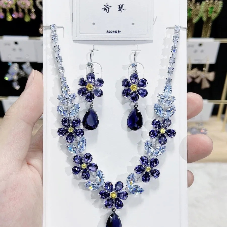 K087 Hot Selling Women Trendy Luxury Bridal Flower Blue Zircon Necklace Earrings Set Wedding Elegant Jewelry Set