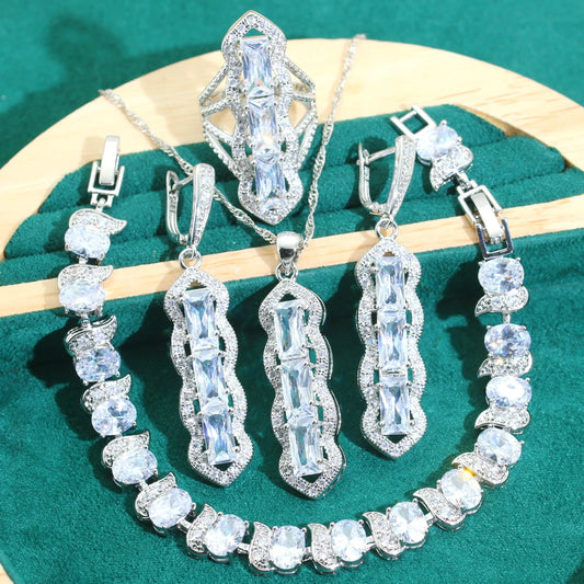 925 Silver Women's Set White Zircon Long Earrings Necklace Pendant Ring Bracelet for Weddings Parties Bridal Gifts-Made Alloy