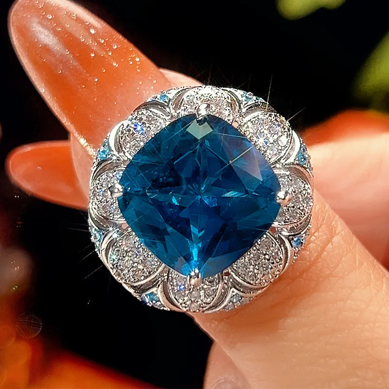 REDheart Women's Classical Grain Copper Inlaid Zircon Gold-Plated Flower Shape Opening Ring Simulation Blue Spinel Retro Set