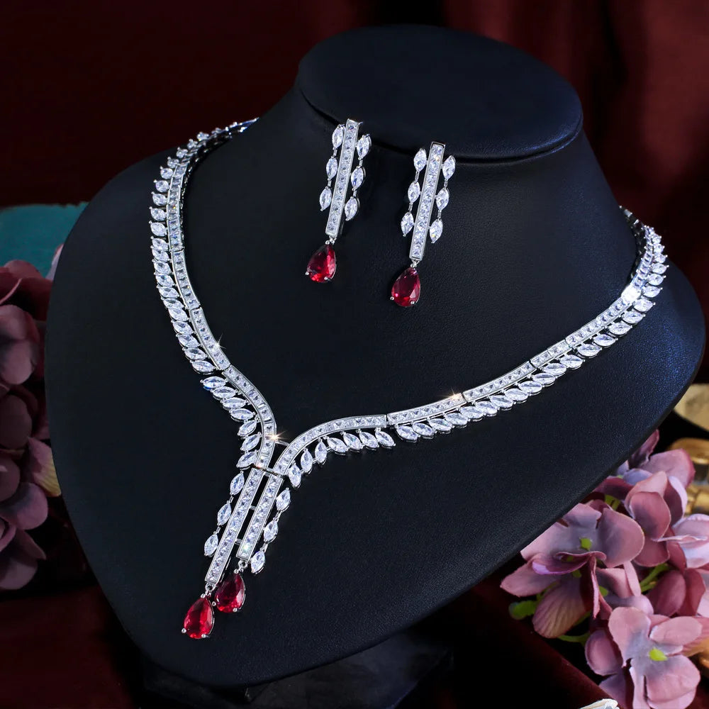Luxury Pear-Cut Zirconia Ruby Red Tassel Necklace & Earrings Bridal Set — Rhodium Plated