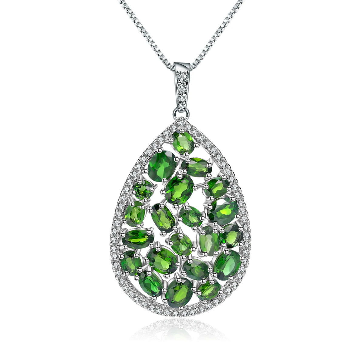 ArtistA Fancy Oval Cut Natural Chrome Diopside Cluster Setting Tear Water Drop Shape Pendant Earrings and Ring S925 3 Piece Jewelry Set