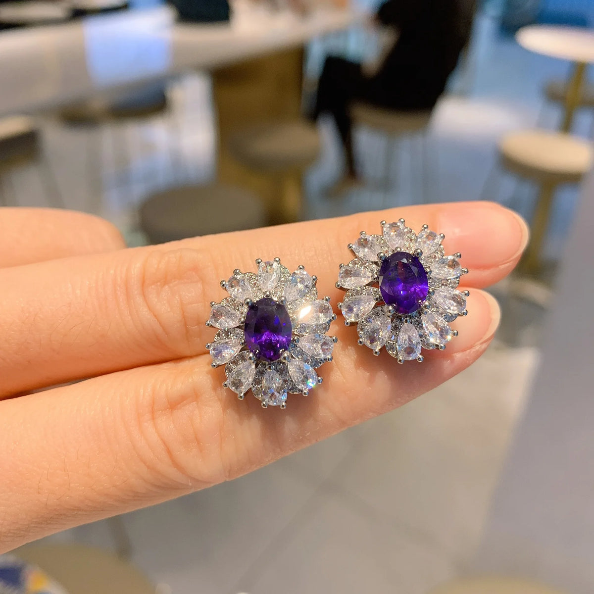 Gemfiori Luxury Jewelry Style Three Piece Set Purple Orchid Zircon Ring Light Luxury Pendant Temperament Earring Accessory
