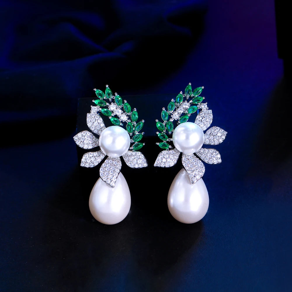S&S Green CZ Leaf & Pearl Dangle Drop Earrings – Marquise Cut – Rhodium Plated – Collection