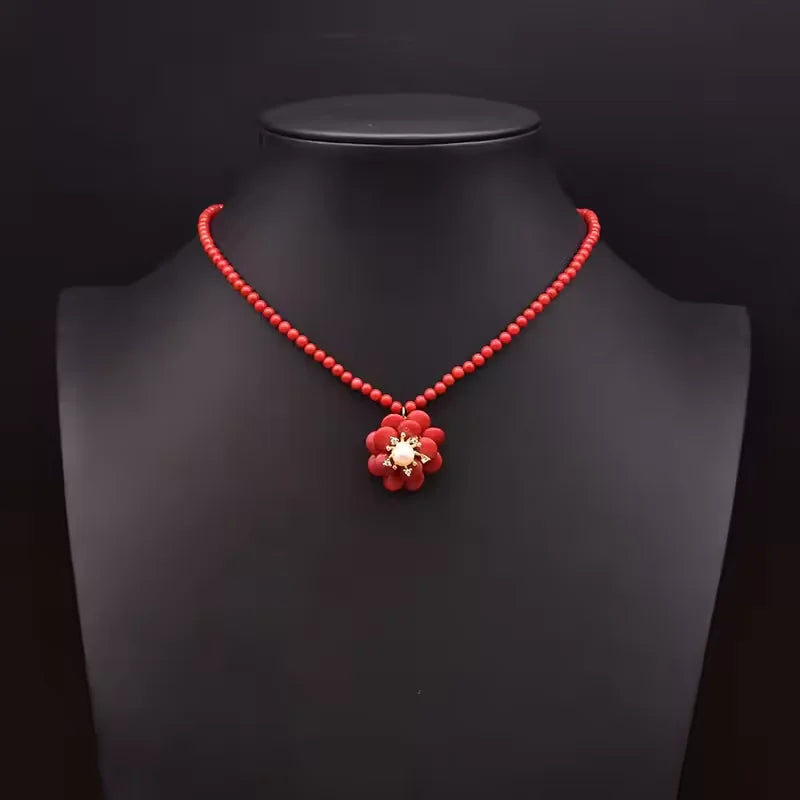 Red Coral Natural Pearls Fashion Accessories Set Fine Woman Ring Earrings Necklace Luxury Customized Jewelry Wedding