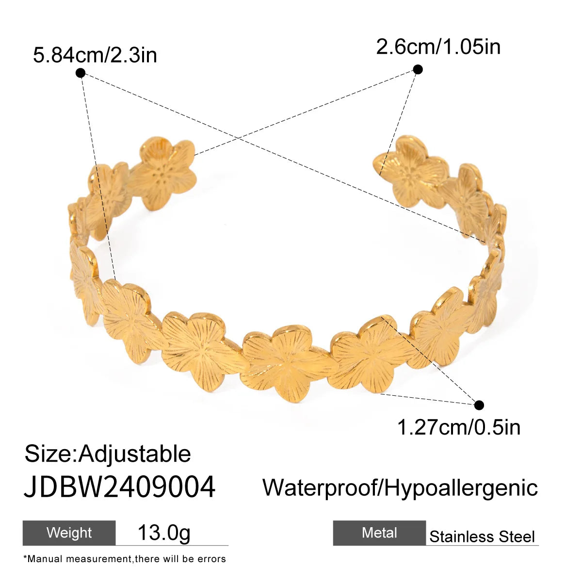 S&S 18K PVD Gold Flower Cuff Bracelet & Ring Set | Stainless Steel