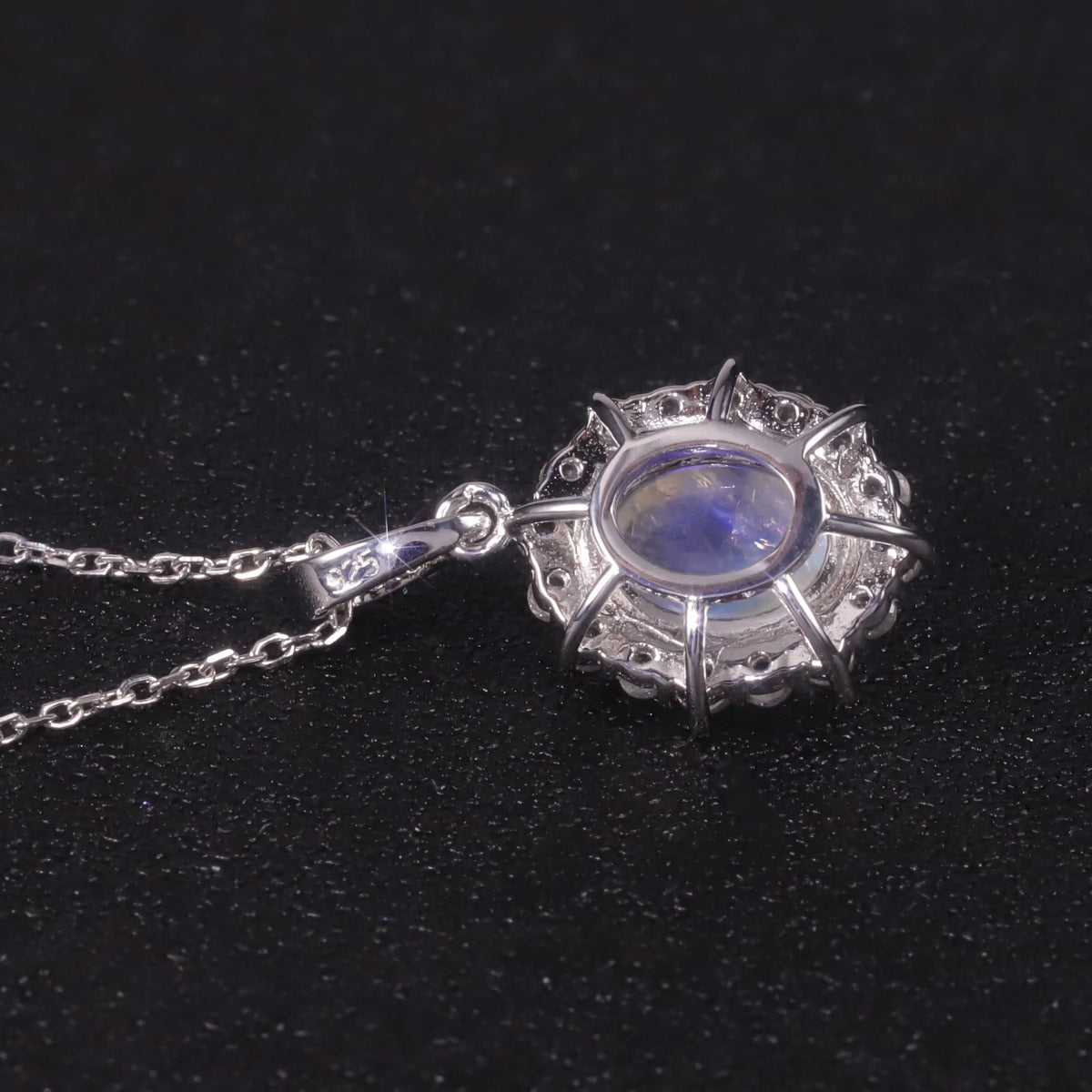 ArtistA Abiding 925 Sterling Silver White Cz Halo Oval Cut 8X10mm Milky Blue Moonstone Cluster Flower Ring Necklace Pendant Jewelry Set