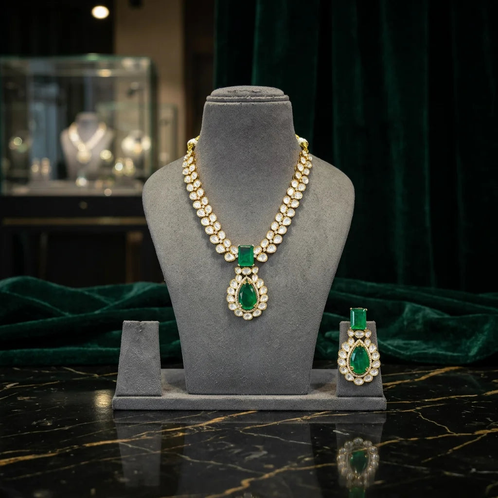 Elegant Emerald Pear Cut Gold Plated Necklace Earrings Set Marquise Cut Bezel Setting Bridal Wedding Party Jewelry Set
