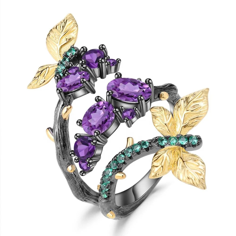ArtistA Abiding Fine Jewelry 925 Sterling Silver Nano Emerald Gold Plated Butterfly Natural Amethyst Gemstone Rings for Women