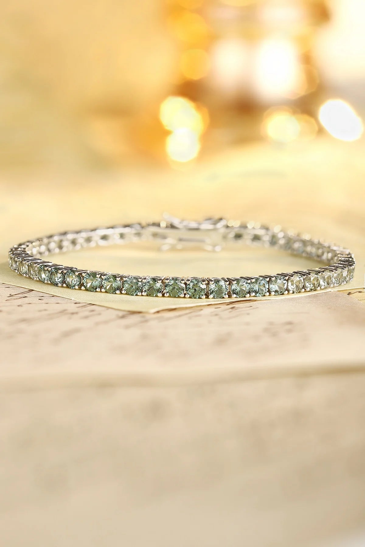 Gemfiori 925 Silver Rhodium Plated Lab Grown Green Sapphire Colorful Tennis Bracelet-Trendy Gift for Wedding & Party