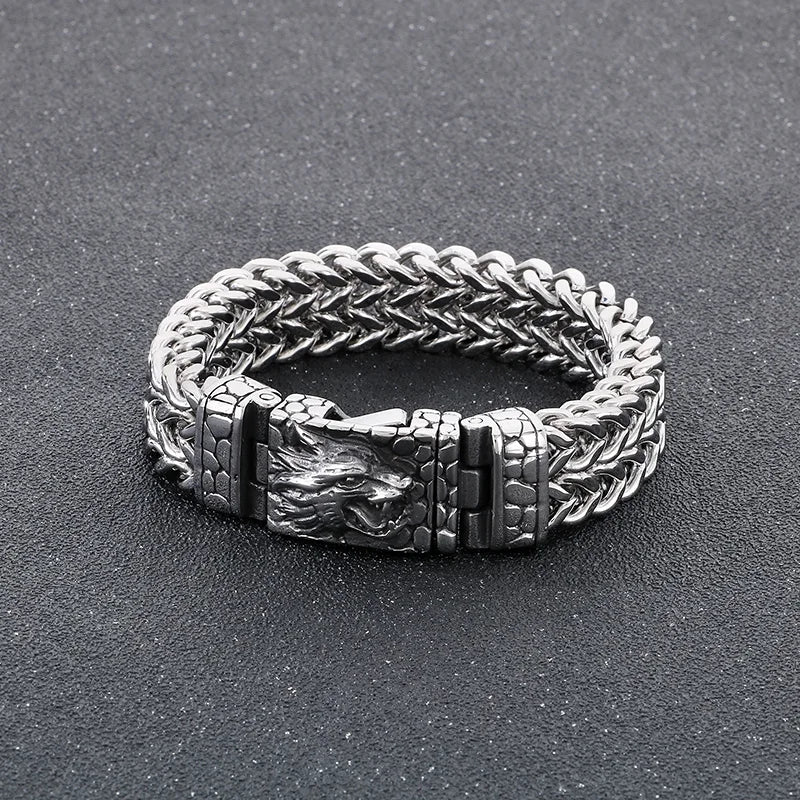 KALEN 21cm Punk Stainless Steel Bracelet Wolf Head Pattern Chain Men Bracelet