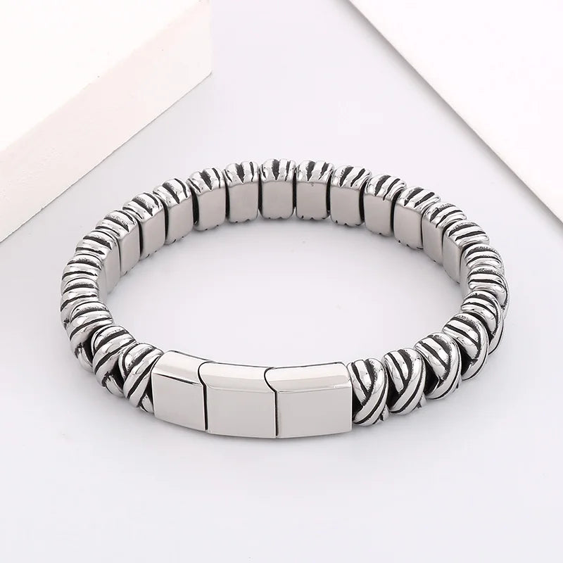 REBEL 225mm Fashion Cowhide Leather&Stainless Steel Wrapping Bandage Links Bracelet