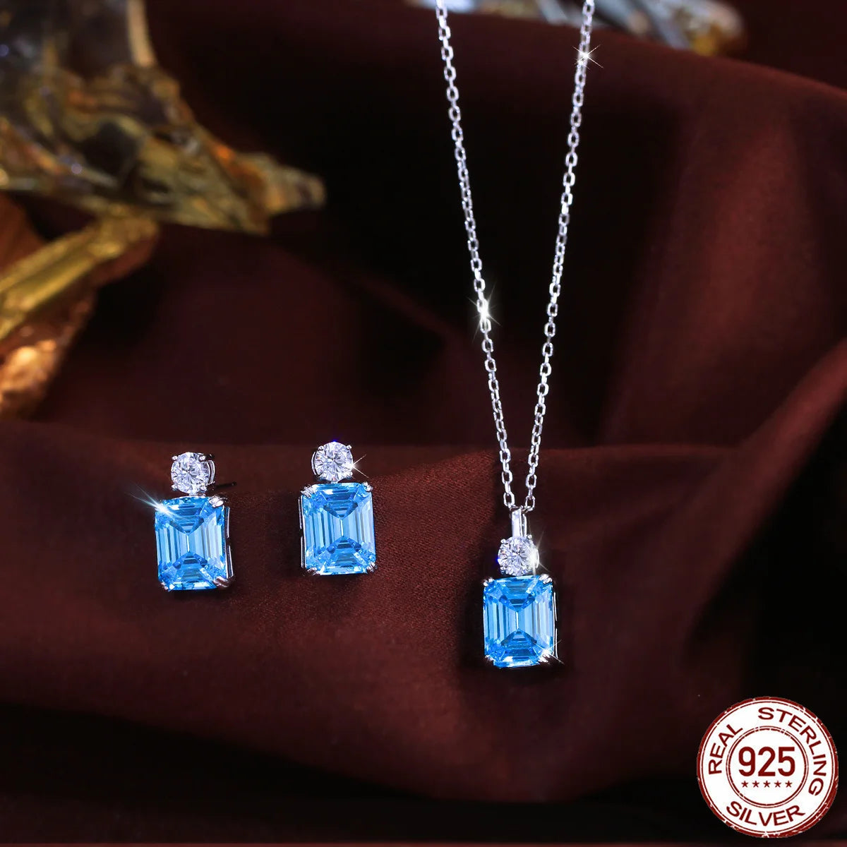 S&S 925 Sterling Silver Blue Baguette CZ Jewellery Set – Necklace & Earrings – Collection