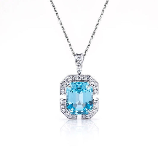 Messi Jewelry MSN-808 Aquamarine Color Lab Sapphire Emerald 8mm*10mm  Gemstone Necklace Pendant 18K White Gold