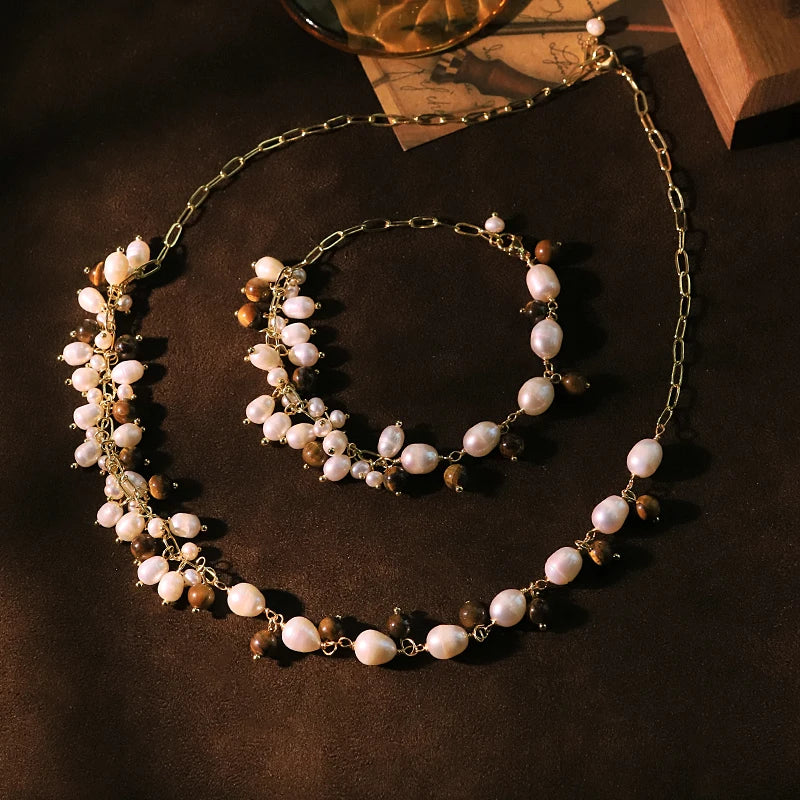 Natural Pearl Tiger Eye Stone Chain Bracelet Necklace Set Luxurious Design Jewelry Set for Banquet Gifts for Women GS0222